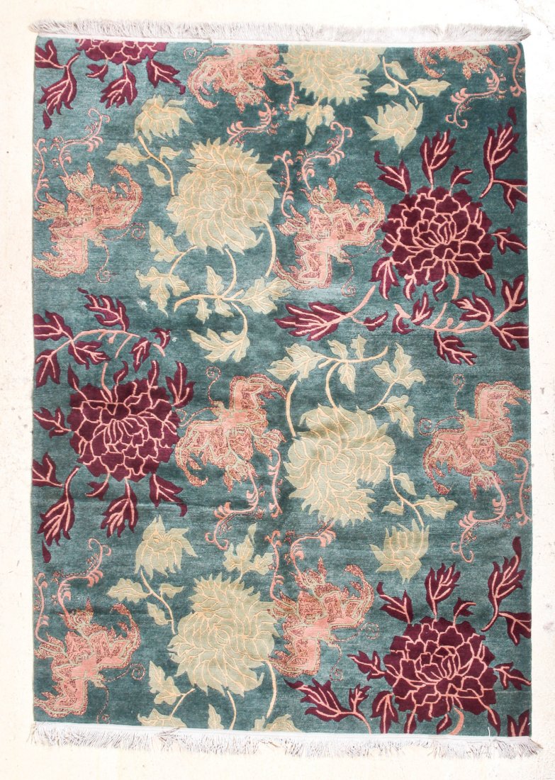 Tibetan Rug: Tibetan Rug, Nepal, 20th c, meandering floral pattern. Size: 7' x 4' 8". Cost for us to pack and ship this item via UPS GROUND in the continental USA (includes insurance and signature required): $75.