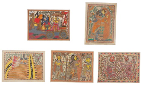 5 Vintage Indian Madhubani (Mithila) Folk Art Paintings