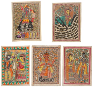 5 Vintage Indian Madhubani (Mithila) Folk Art Paintings