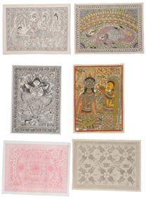 6 Vintage Indian Madhubani (Mithila) Folk Art Paintings