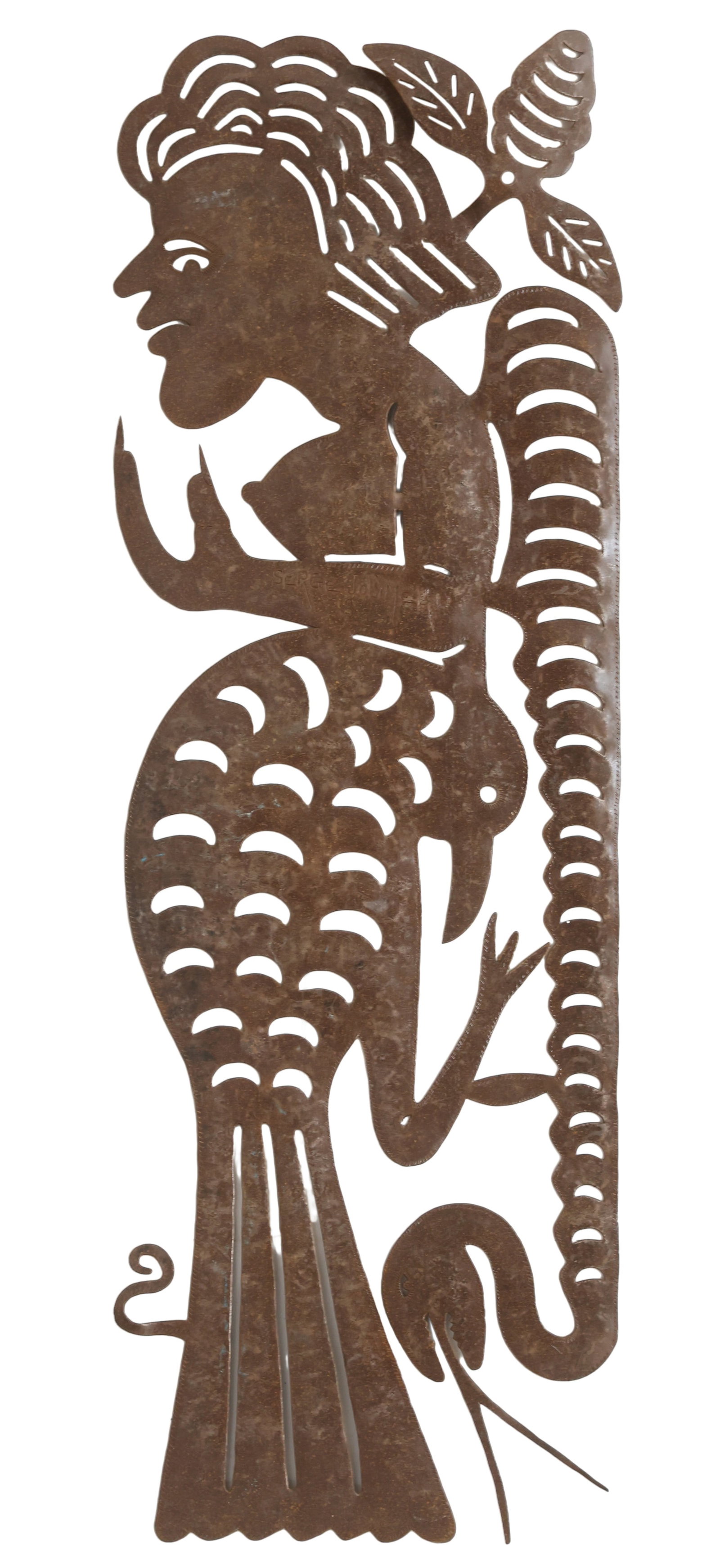 Serge Jolimeau (Haitian/Haiti) Bird Tailed Mermaid, Circa 1990's: Serge Jolimeau (Haitian, b.1952) Bird Tailed Mermaid, circa 1990's, sculpted cut recycled steel, 50.5'' x 17''/ 128 x 43 cm. Jolimeau is one of the earliest contemporary Haitian metal sculptors dedica