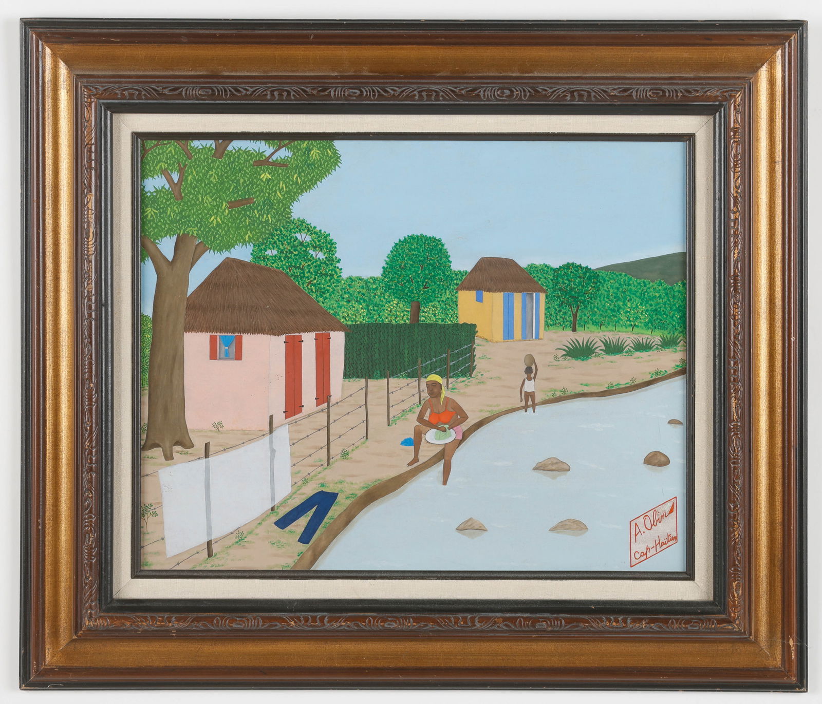 Antoine Obin (Haitian/Haiti) Wash Day, Circa 1960's: Antoine Obin (Haitian, 1929-1992) Wash Day, circa 1960's, oil on masonite, 16'' x 20''/ 41 x 51 cm. Framed: 24.25'' x 28.25''/ 62 x 72 cm. Antoine is Philome Obin's son. Antoine is the most painterly