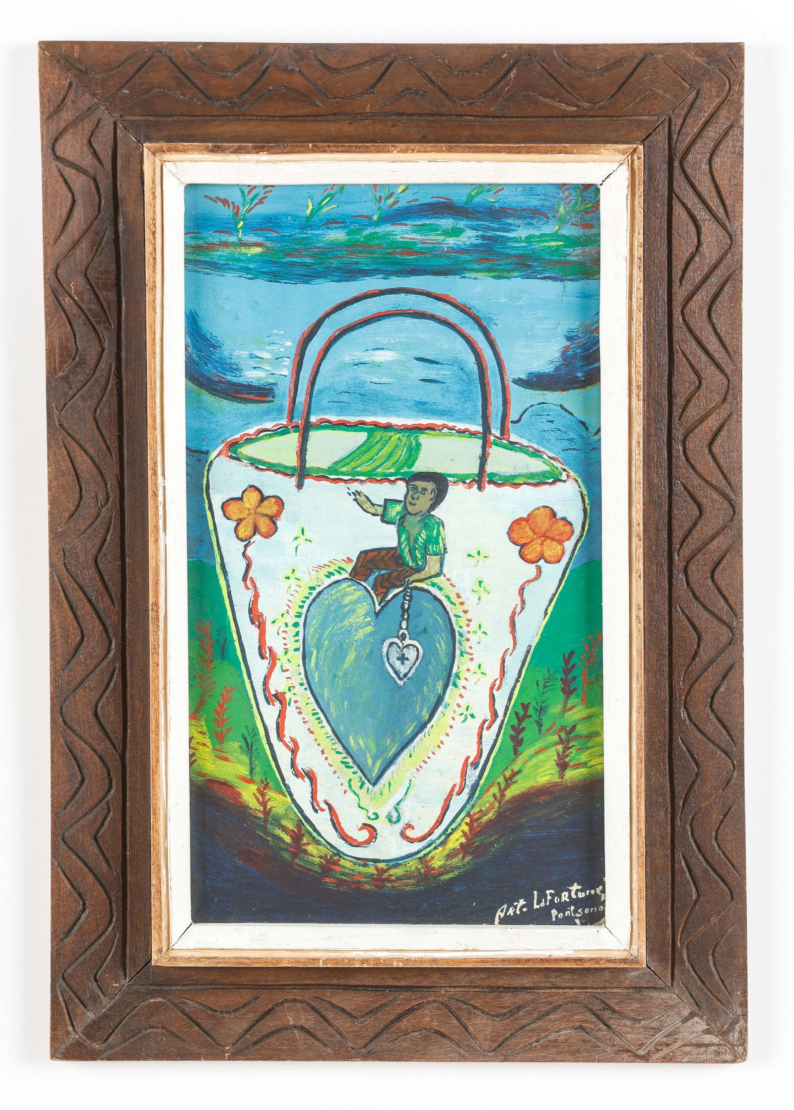 Lafortune Felix (Haitian/Haiti) Erzulie's Basket, Circa 1980's: LaFortune Felix (Haitian/Pontsonde, 1933-2016) Erzulie's Basket, circa 1980's, oil on masonite, 18'' x 10.75''/ 46 x 27 cm. Framed: 23.75'' x 16.25''/ 60 x 41 cm. Known for agrarian contemplations, Fe