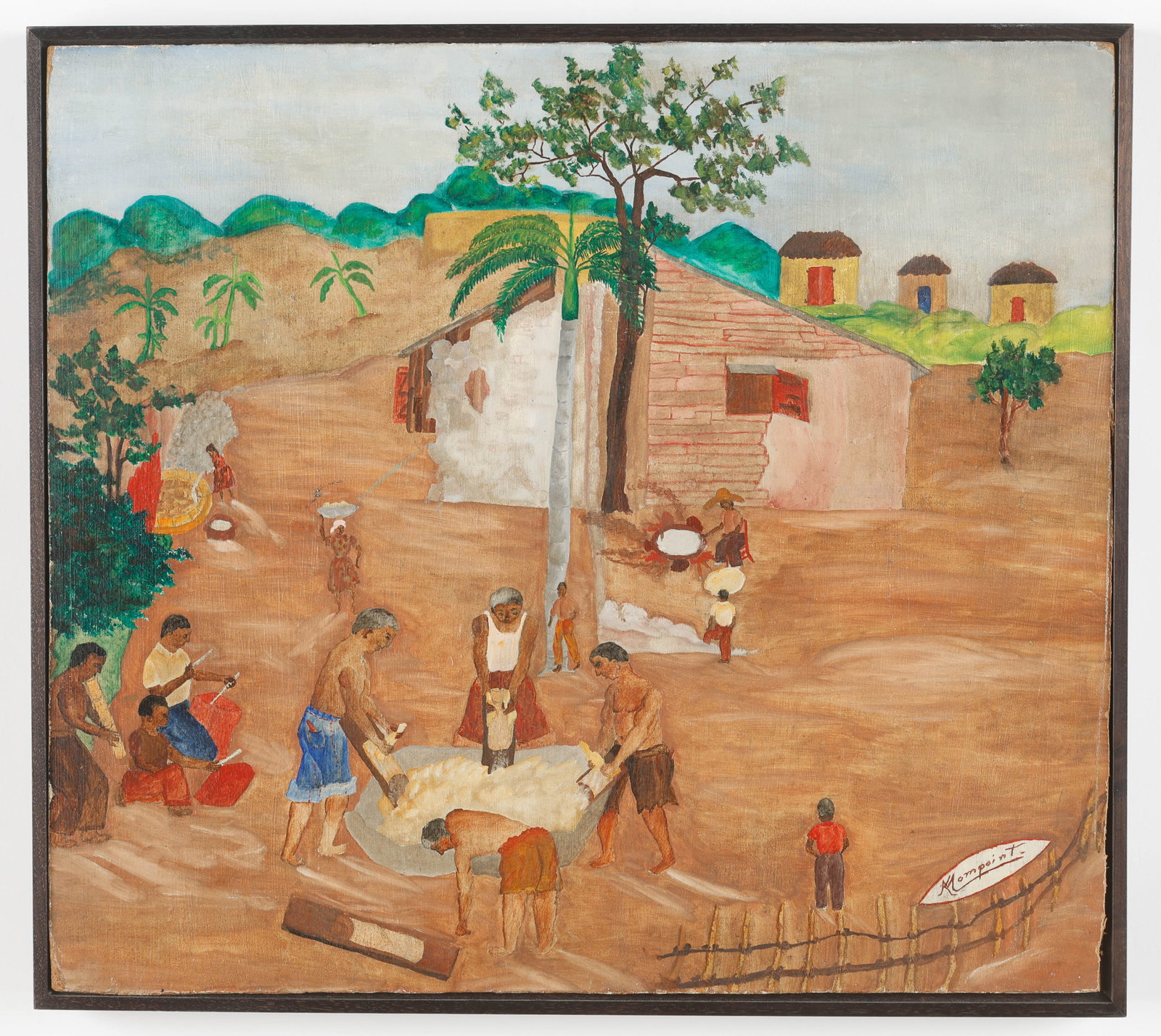 K. Mompoint (Haitian/Haiti) Making Cassava, Circa 1962: K. Mompoint (Haitian, 20th c.) Ginding Manioc, Making Kasava, circa 1962, oil on masonite, 16.75'' x 18.75''/ 43 x 48 cm. Framed: 17.5'' x 19.5''/ 44 x 50 cm. Exhibited/Published: Island on Fire, pg.