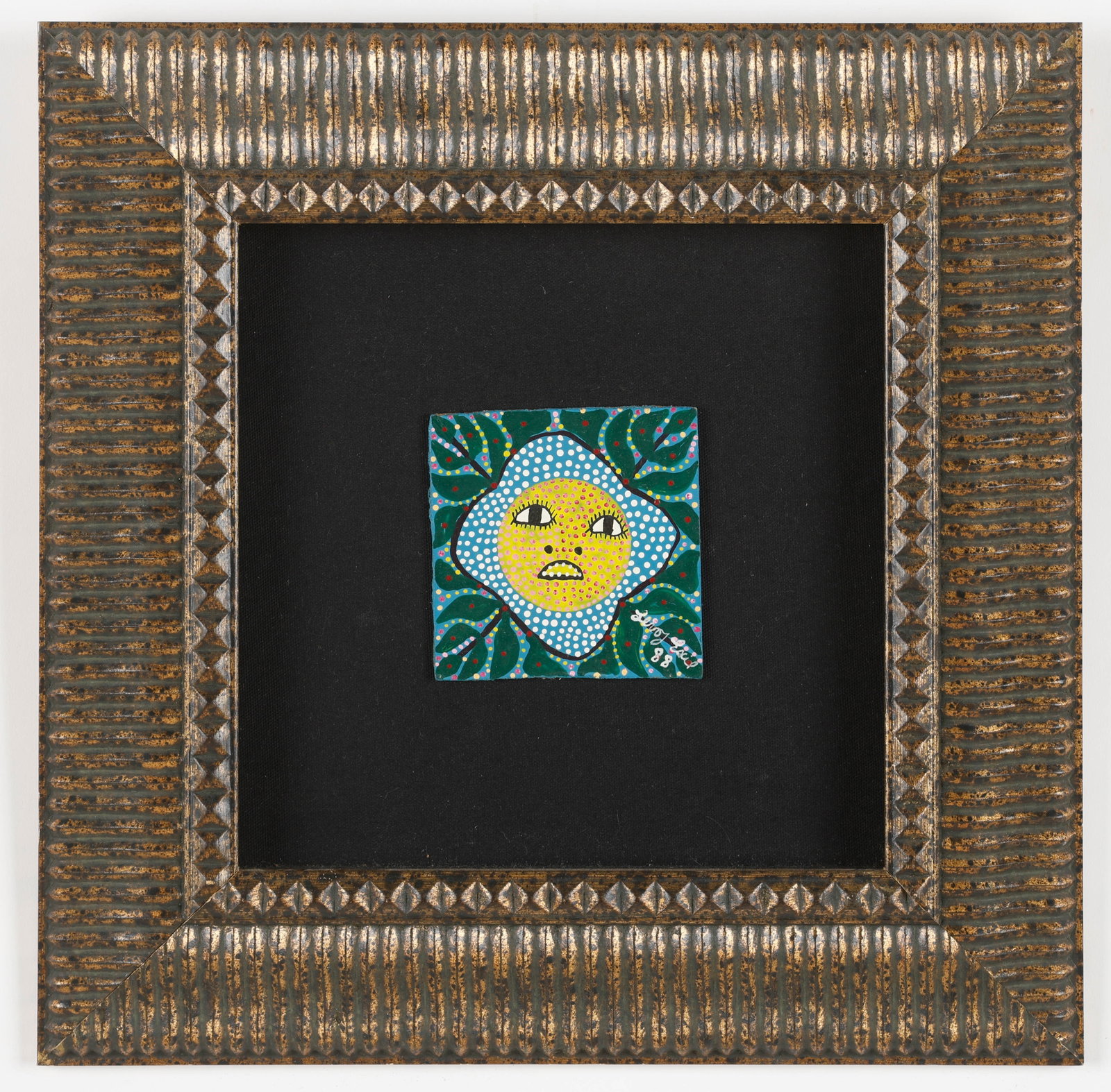 Levoy Exil (Haitian/Haiti) Saint Soleil/Sun, Dated 1988: Levoy Exil (Haitian/Fermathe, b.1944) Saint Soleil/Sun, dated 1988, oil on masonite, 4'' x 4''/ 10 x 10 cm. Framed: 15.5'' x 15.5'', 39 x 39 cm. Levoy Exil is one of the founding members who formed th