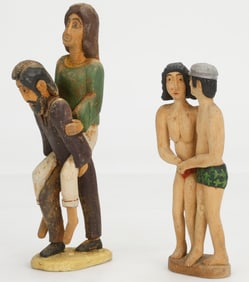 2 Folk Carved "Adam And Eve," Figural Groups (Polish/Poland)