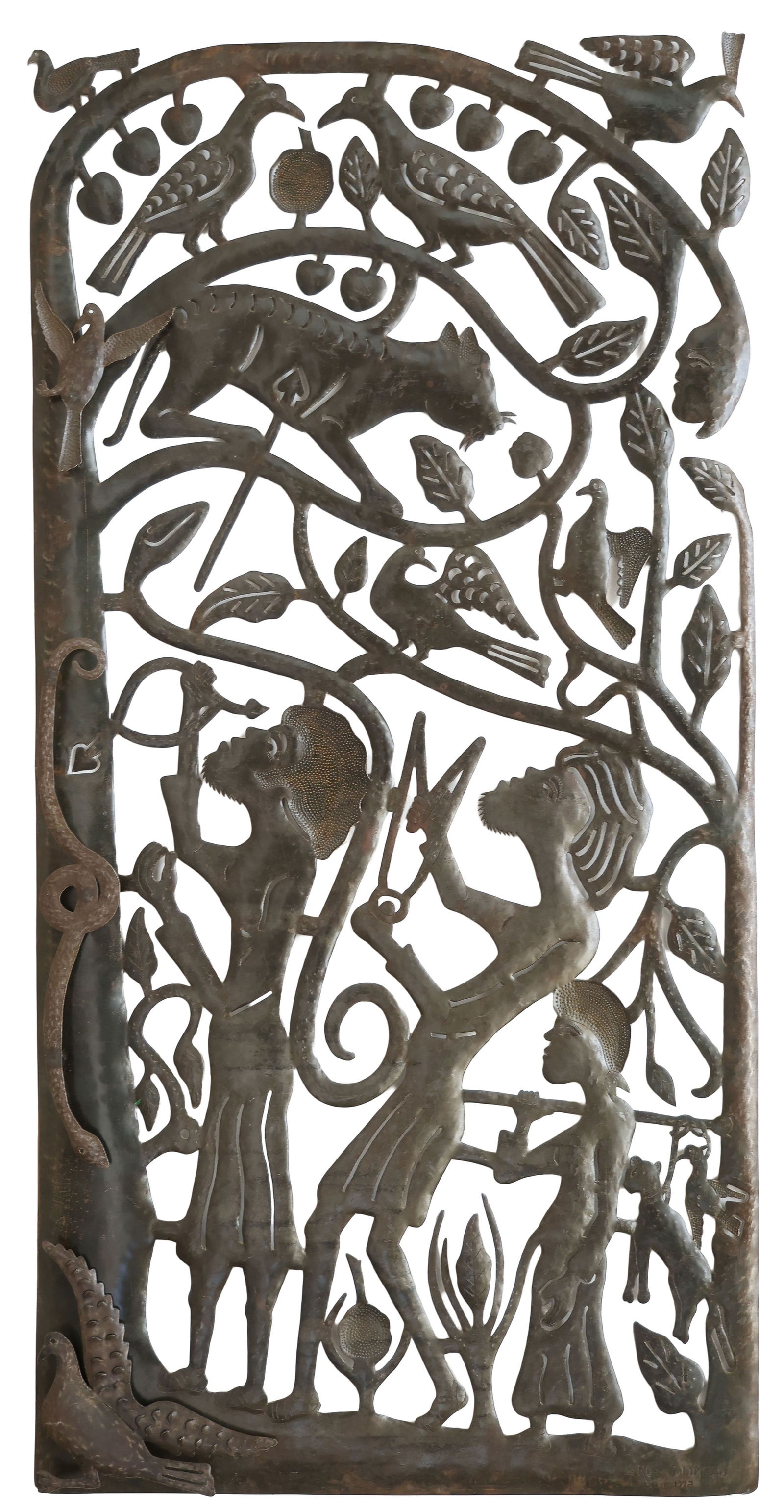 Serge Jolimeau (Haitian/Haiti) Monumental Cut Metal Sculpture: Serge Jolimeau (Haitian, b. 1952) Slingshot in Jungle, circa 1990's. Monumental Cut Steel Oil Drum Sculpture. Size: 97'' x 48.5'' (246 x 123 cm). Jolimeau is one of the earliest contemporary Haitian m