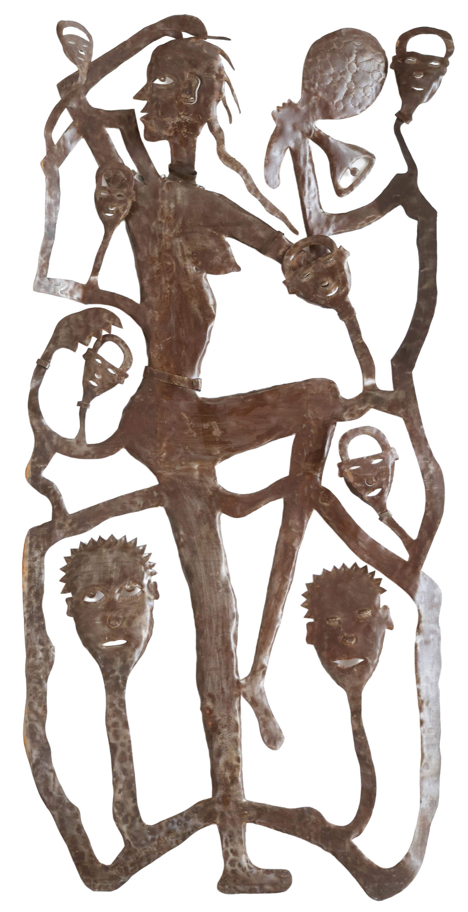 Gabriel Bien Aime (Haitian/Haiti) Monumental Cut Metal Sculpture: Gabriel Bien Aime (Haitian, b.1951) Spirits, circa 1990's. Monumental Cut Steel Drum Sculpture, signed. Size: 5'10'' x 2'9'' (178 x 84 cm). Encouraged to become an artist by fellow sculptor Janvier Lo