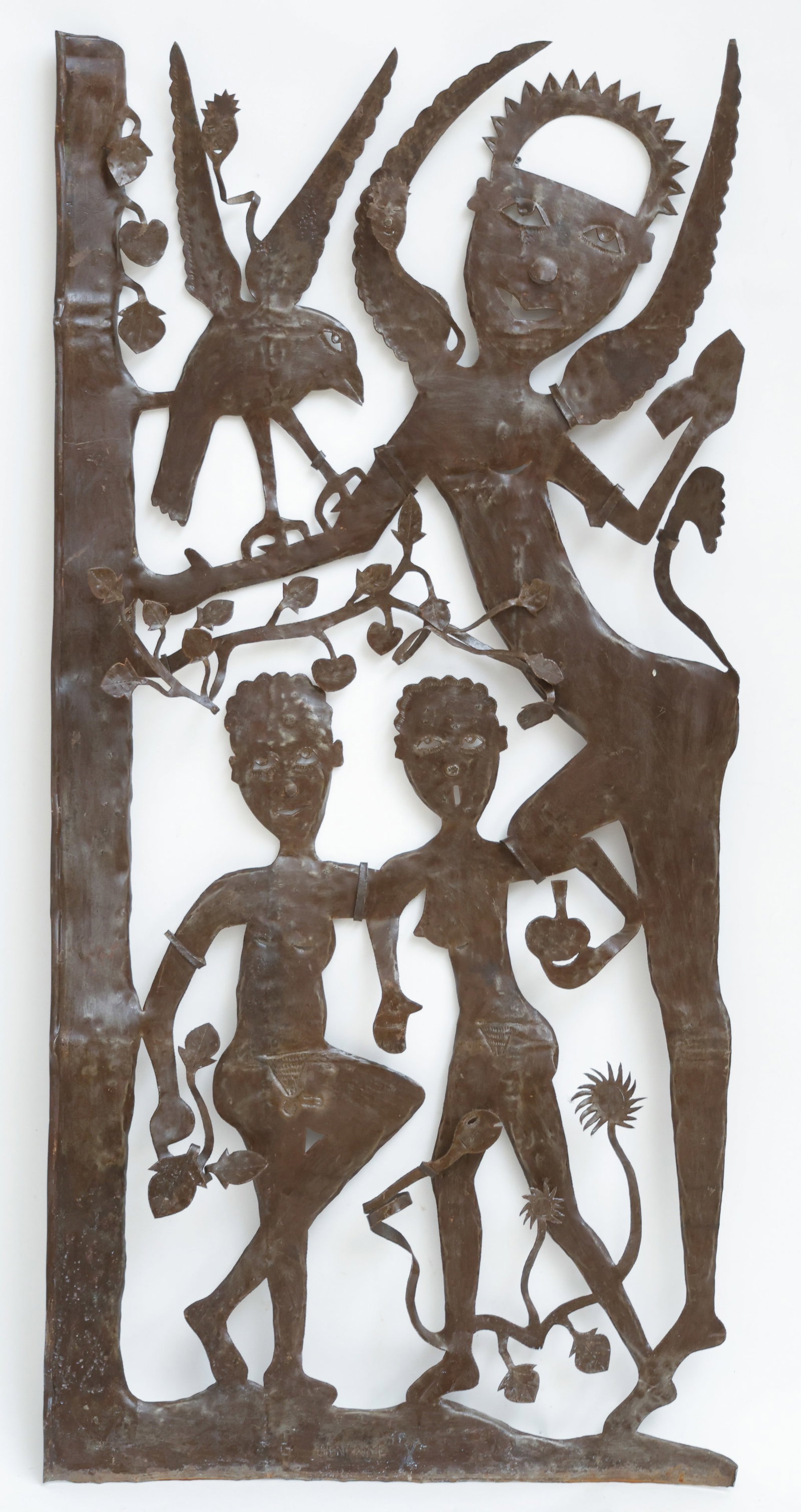 Gabriel Bien Aime (Haitian/Haiti) Monumental Metal Sculpture: Gabriel Bien Aime (Haitian, b. 1951) Adam & Eve With Angel, circa 1990's. Monumental Cut Steel Drum Sculpture, signed. Size: 5'11'' x 2'10'' (180 x 86 cm). Encouraged to become an artist by fellow scu