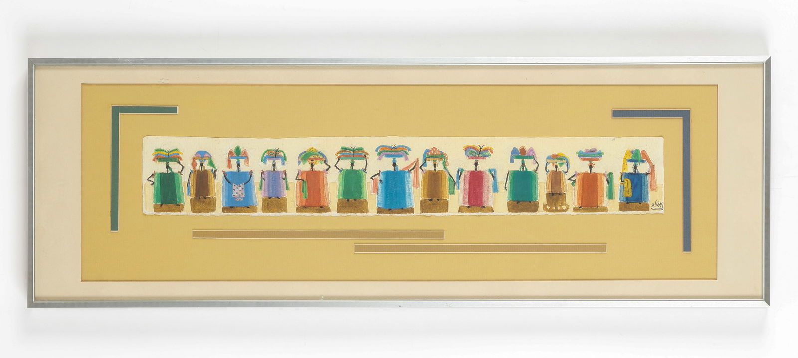 Alix Roy (Haitian/Haiti) Fabric Vendors, Circa 1969: Alix Roy (Haitian 1930-2010) Fabric Vendors, circa 1969, watercolor on paper, 3'' x 21''/ 8 x 53 cm. Framed: 10.25'' x 30''/ 26 x 76 cm.