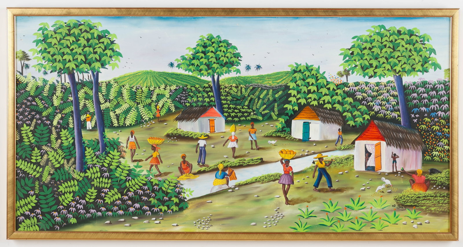 Henri-Robert Bresil (Haitian/Haiti) Village Day: Henri-Robert Bresil (Haitian, 1952-1999) Untitled (Village Day), oil on board, 24'' x 48''/ 61 x 122 cm. Framed: 26'' x 50''/66 x 127 cm.