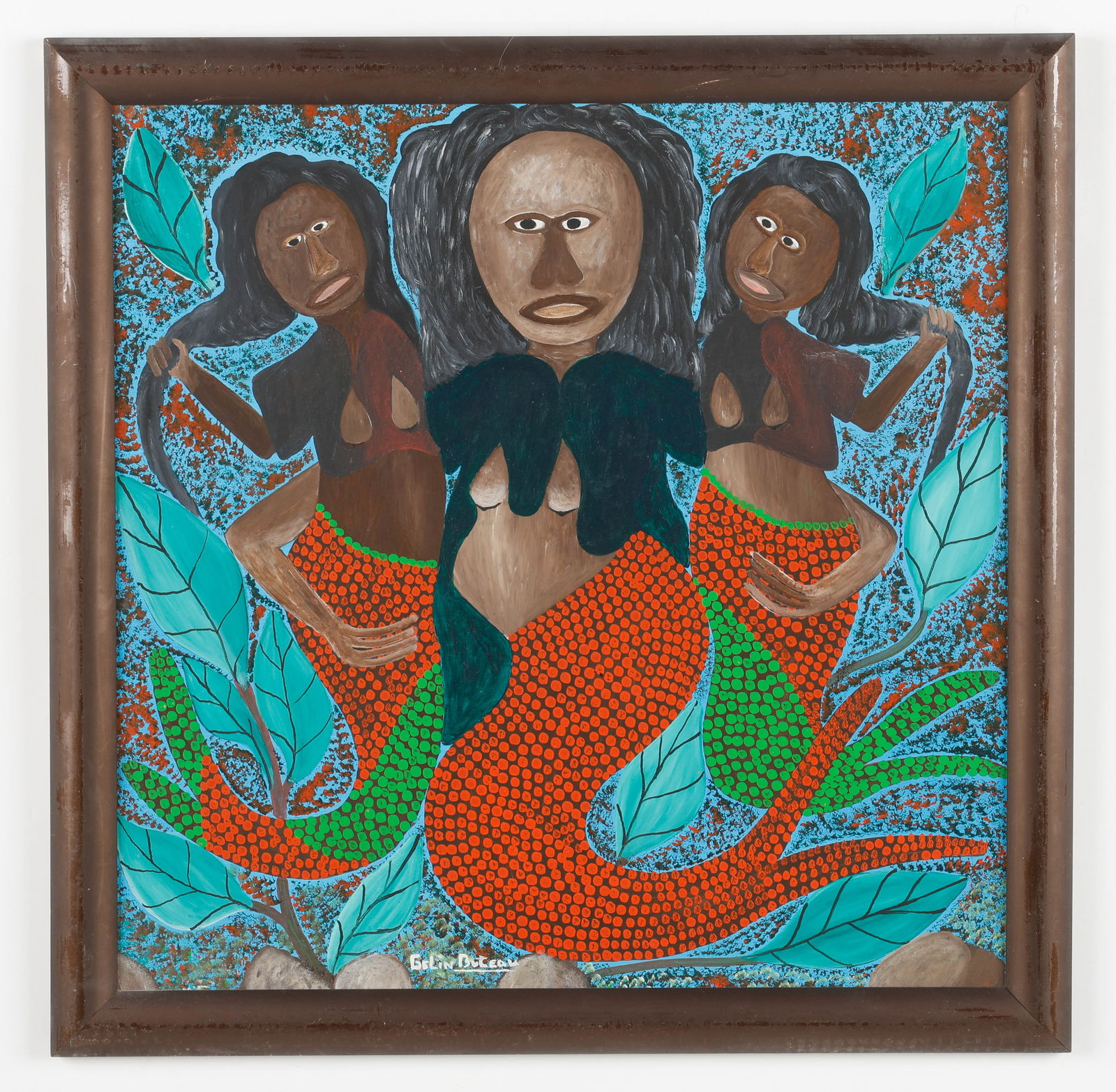 Gelin Buteau (Haitian/Haiti) Three Mermaids: Gélin Buteau (Haitian, 1954-2000) Untitled (Three Mermaids), oil on masonite, 24'' x 24''/ 61 x 61 cm. Framed: 27'' x 27''/ 69 x 69 cm.