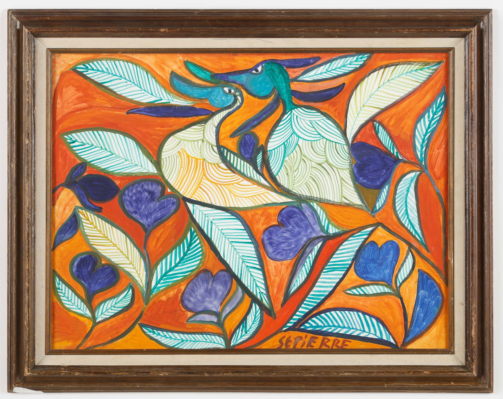 Toussaint St. Pierre (Haitian/Haiti) "Bird Family" 1975: Toussaint St. Pierre (Haitian, 1923-1985) "Bird Family", dated 1975, oil on masonite, 18'' x 24''/ 46 x 61 cm. Framed: 22.75'' x 28.75''/ 58 x 73 cm. A gardener and horticulturist, Toussaint Saint Pie