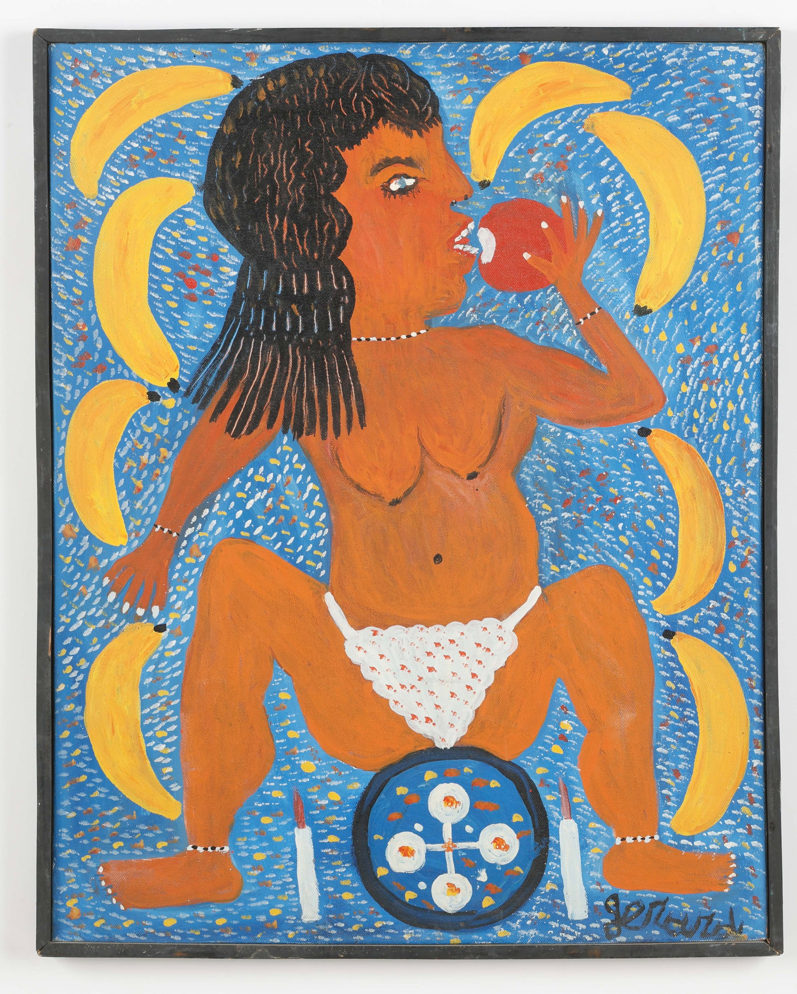 Gerard Fortune (Haitian/Haiti), Figure with Fruit: Gerard Fortune (Haitian/Haiti, 1933-2020) Untitled (Figure with Fruit), circa 1970's, oil on canvas, 30'' x 24''/ 76 x 61 cm. Framed: 31'' x 25'', 79 x 64 cm. Spiritual enlightenment and whimsy are wh