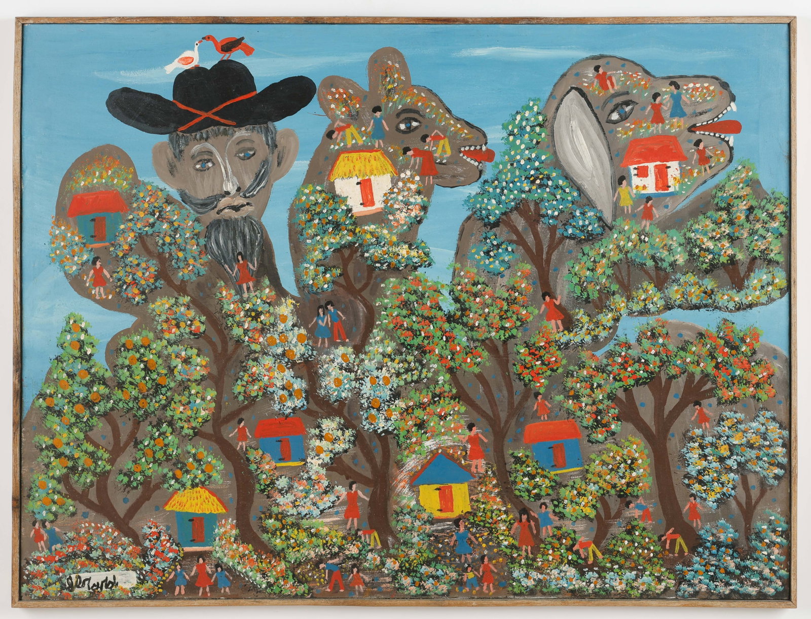 Gerard Fortune (Haitian,/Haiti) Whimsical Folk Landscape: Gerard Fortune (Haitian, 1925-2019) "Figures in Whimsical Folk Landscape", circa 1990's, oil on canvas, 30'' x 40''/ 76 x 102 cm. Framed: 31'' x 41''/ 79 x 104 cm. Spiritual enlightenment and whimsy a