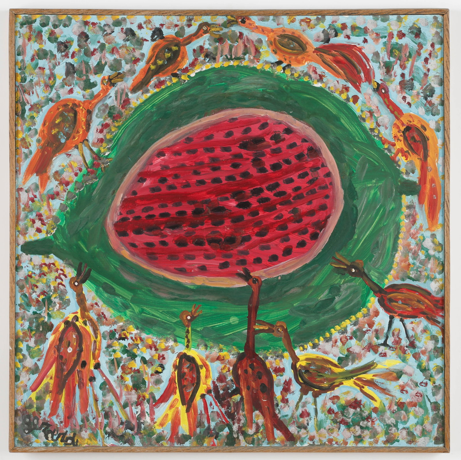 Gerard Fortune (Haitian/Haiti) Pintades Eating Watermelon: Gerard Fortune (Haitian/Haiti, Petionville, 1925-2019) Pintades Eating Watermelon, circa 1990's, oil on masonite, 24'' x 24''/ 61 x 61 cm. Framed: 24.5'' x 24.5''/ 62 x 62 cm. Spiritual enlightenment 