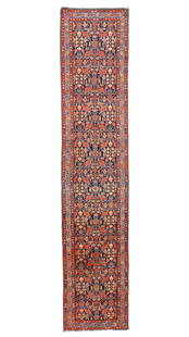 Malayer Rug, Persia, Early 20th C., 3'4'' x 16'1'': Malayer Rug, Persia, Early 20th C., 3'4'' x 16'1'' (102 x 490 cm). Weight: 29 lbs. Material: wool pile, cotton warp, cotton weft.
