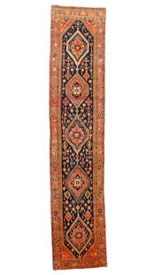 Long Blue Hamadan Runner, Persia, Mid 20th C., 3'5'' x 16'4'': Long Blue Hamadan Runner, Persia, Mid 20th C., 3'5'' x 16'4'' (104 x 498 cm). Weight: 31 lbs. Material: wool pile, cotton warp, cotton weft.