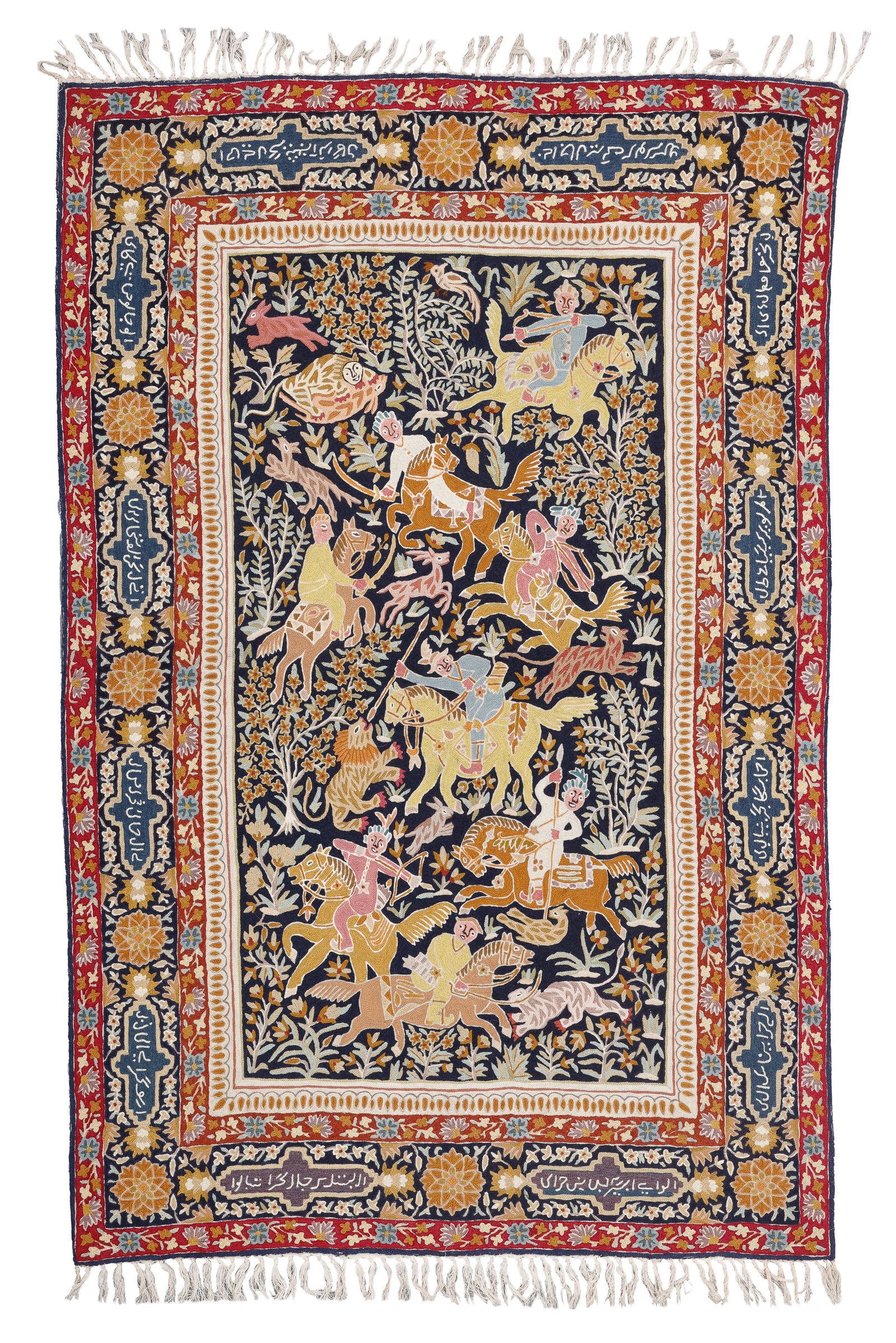 Persian Style Hunting Tapestry in Wool Crewel Stitch, Late 20th C., 3'11'' x 5'11'' (1 of 4)