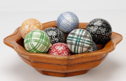 10 Victorian Carpet Balls in Japanese Wooden Bowl