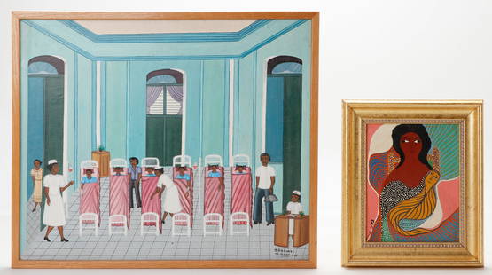 2 Haitian Paintings, 20th C.: 2 Haitian Paintings, 20th C. 1) Doudou Manley (Haitian, 20th Century) "Spirit," 1993, oil on canvas, signed and dated. Framed. Size: 9.5'' x 7.5'', 24 x 19 cm (sight); 13.5'' x 11.75'', 34 x 30 cm (fr