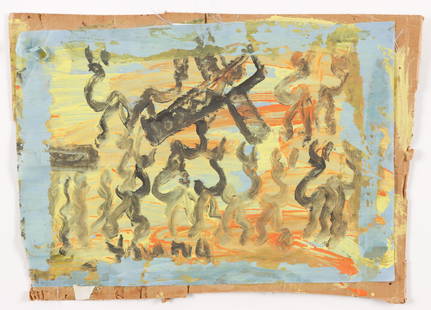 Purvis Young (American, 1943-2010): Purvis Young (American, 1943-2010) Mixed media assemblage painting on fabric and cardboard, signed. Unframed. Size: 15'' x 22'' (38 x 56 cm).