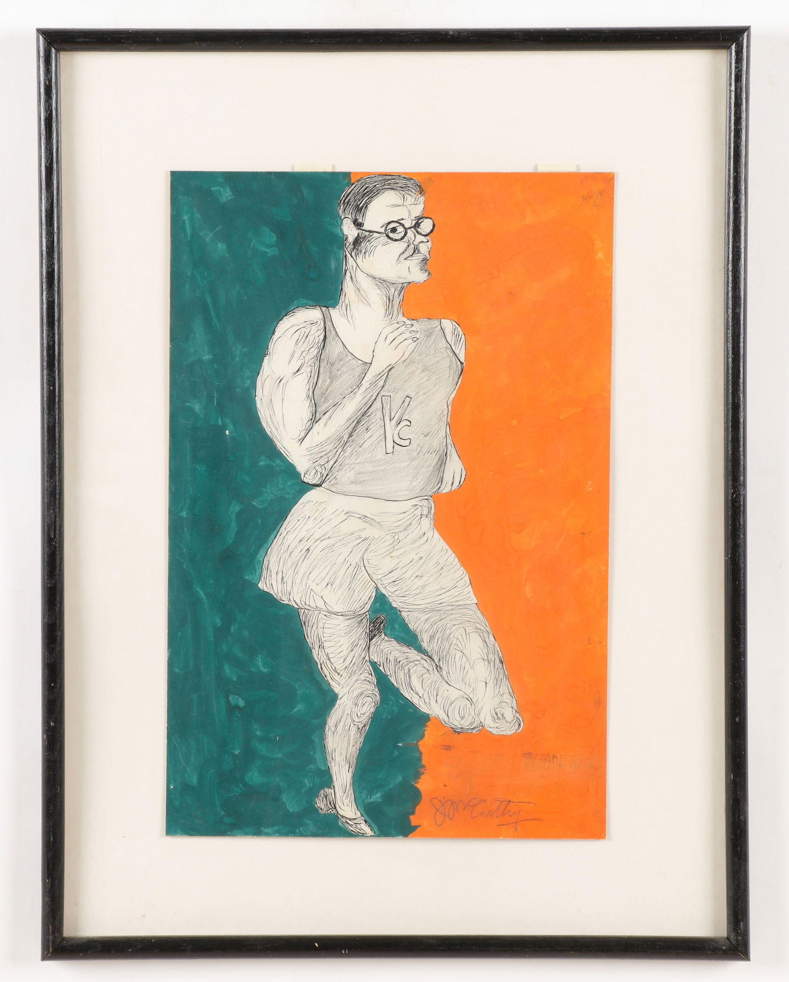 Justin McCarthy (1892-1977) Sydney Wooderson: Justin McCarthy (American, 1892-1977) Sydney Wooderson (Olympic Athlete), mixed media, ink and paint on paper, signed. Framed. Size: 18'' x 12'', 46 x 30 cm (sheet); 25'' x 19'', 64 x 48 cm (frame).