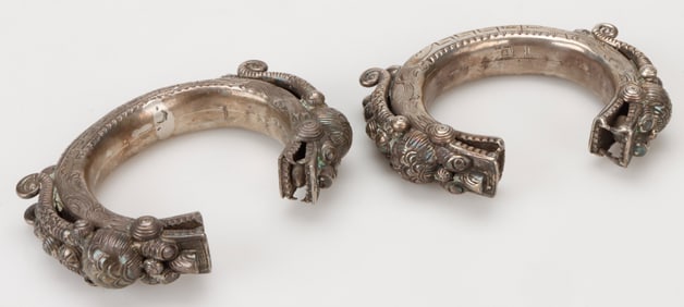 2 Antique Tai Lue Silver Alloy Tribal Bracelets