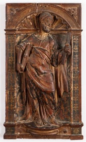 Antique Continental Relief Carving of A Saint In A Niche, 18th/19th C.