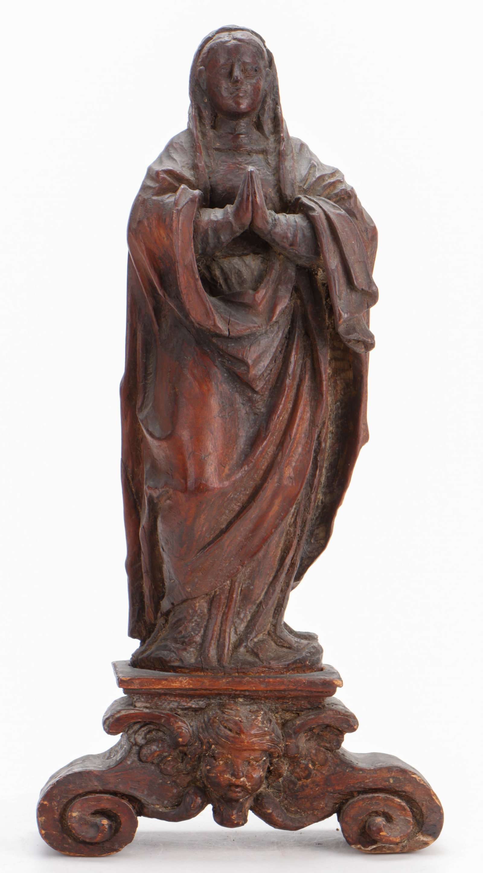 Antique Spanish Colonial Carved Wood Figure Of The Virgin Mary, 19th C.: Antique Spanish Colonial Carved Wood Figure Of The Virgin Mary, 19th C. On separate base. Height: 17.5" (44 cm).