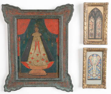 Antique Spanish Colonial Retablo Of The Virgin Of San Juan: Antique Spanish Colonial Retablo Of The Virgin Of San Juan, 19th C. Oil on tin. Framed. 13.5'' x 9.25'', 34 x 23 cm (sheet); 19.5'' x 16'', 50 x 41 cm (frame). Together with 2 Antique Watercolors of S