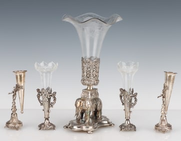 5 Antique Silver Plate and Crystal Single Epergne Vases
