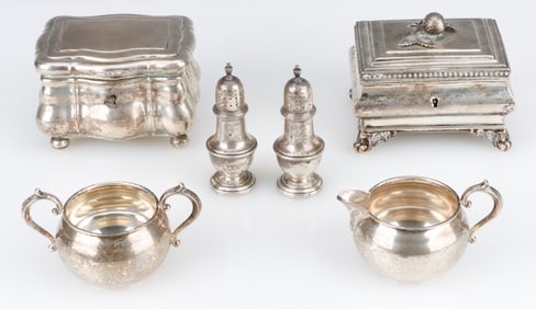 Gorham Sterling Silver Sugar And Creamer, With Tea Caddies and Casters, 6 Items