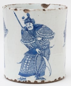 Chinese Blue And White Brush Pot With Warriors
