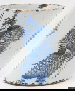 Chinese Blue And White Brush Pot With Warriors: Chinese Blue And White Brush Pot With Warriors. Base with blue, six-figure mark. Size: 8.25'' x 7.5'' x 7.5'' (21 x 19 x 19 cm).