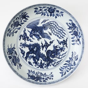 Chinese Porcelain Blue And White Charger With Phoenix and Dragon