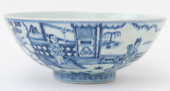 Chinese Blue And White Bowl: Chinese Blue And White Bowl. Unmarked. Size: 3'' x 7.5'' x 7.5'' (8 x 19 x 19 cm).