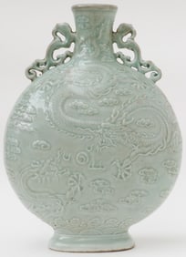 Chinese Celadon Glazed Carved Moon Flask