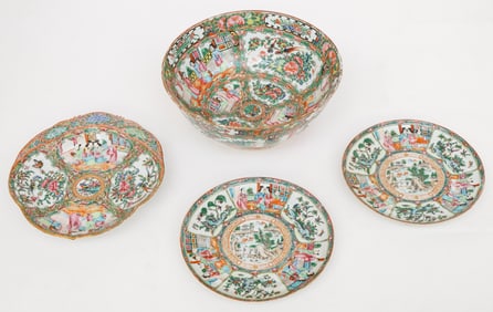 Group of 4 Chinese Rose Medallion Porcelain Plates and Bowls