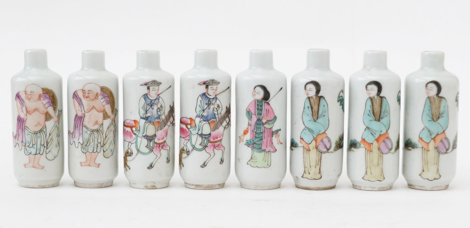 Group of 8 Chinese Famille Rose Porcelain Snuff Bottles: Group of 8 Chinese Famille Rose Porcelain Snuff Bottles. Each with red, 4-character mark. Size: 3.25'' x 1.25'' x 1.25'' (8 x 3 x 3 cm).