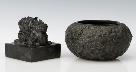 Chinese Bronze Bowl And Dragon Sculpture