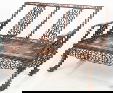 Chinese Mother-Of-Pearl Inlaid Hardwood Settee: Chinese Mother-Of-Pearl Inlaid Hardwood Settee. Size: 36'' x 49'' x 24'' (91 x 124 x 61 cm).