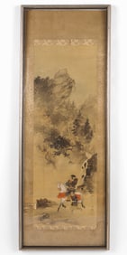 Japanese Painted Scroll of Samurai On Horseback And Attendant