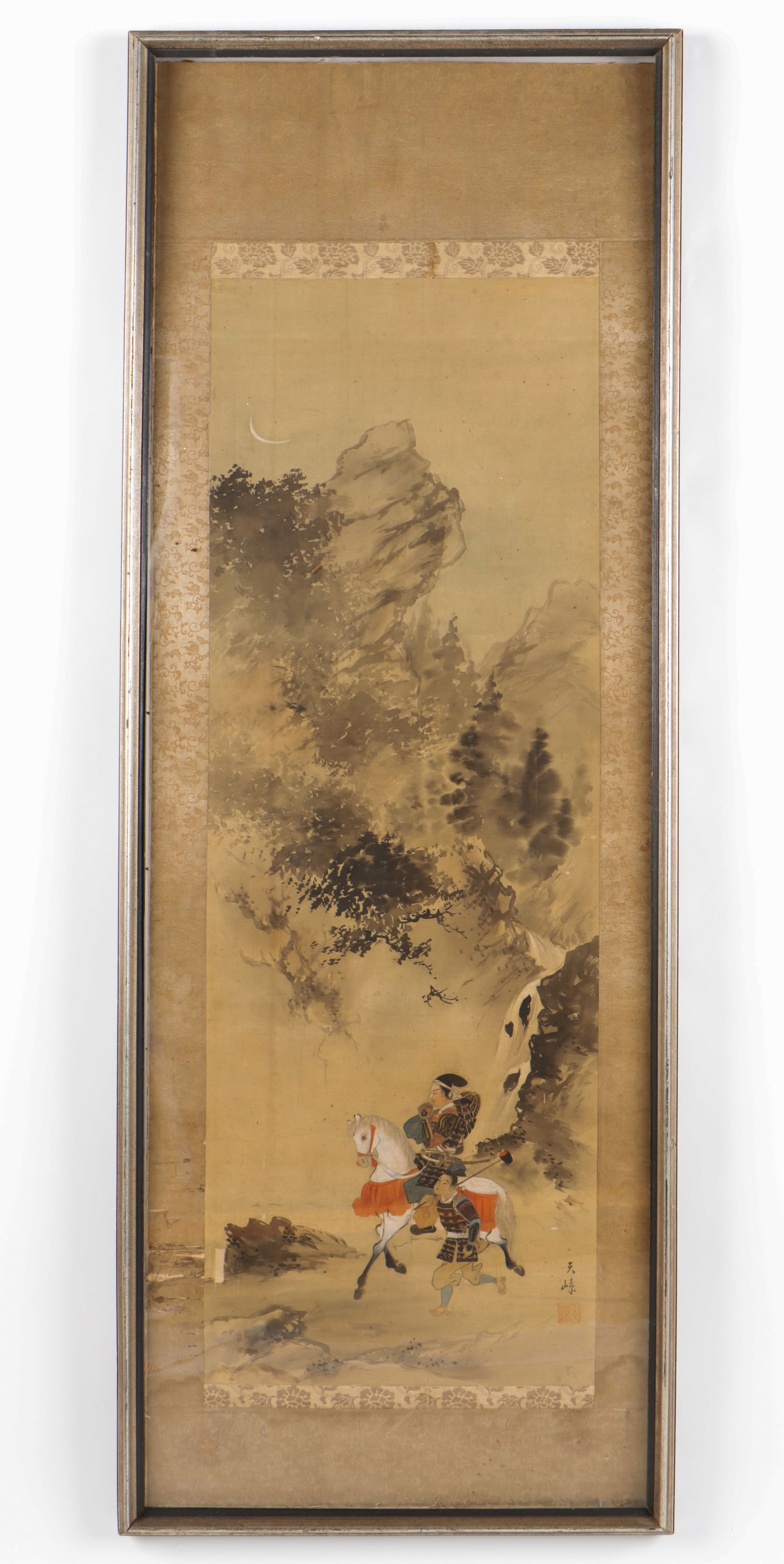 Japanese Painted Scroll of Samurai On Horseback And Attendant (1 of 3)