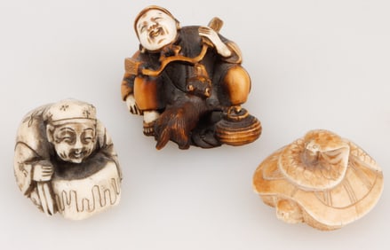 Collection of 3 Japanese Miniature Carved Figures, Signed