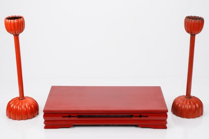 Pair Of Japanese Red Lacquer Candle Holders and Table Platform