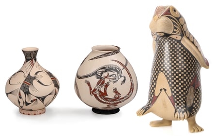 Two Signed Mata Ortiz Coiled Pots And a Rabbit