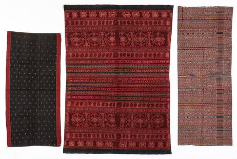 3 Antique Southeast Asian Textiles: 3 Antique Southeast Asian Textiles. 1) Khami skirt from, Burma, made of cotton ikat. 2) Sarong from Indonesia (Flores Island), crafted from handspun cotton ikat. 3) Sarong from Indonesia (Nusantara).