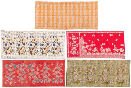 Group of Pekalongan Batiks, Indonesia, Mid/Late 20th C.: Mixed lot of Pekalongan batiks over time, meant for the Peranakan ladies of South East Asia. The orange piece is the oldest, probably dating from the 1950's and has some repairs and holes. The off-whi