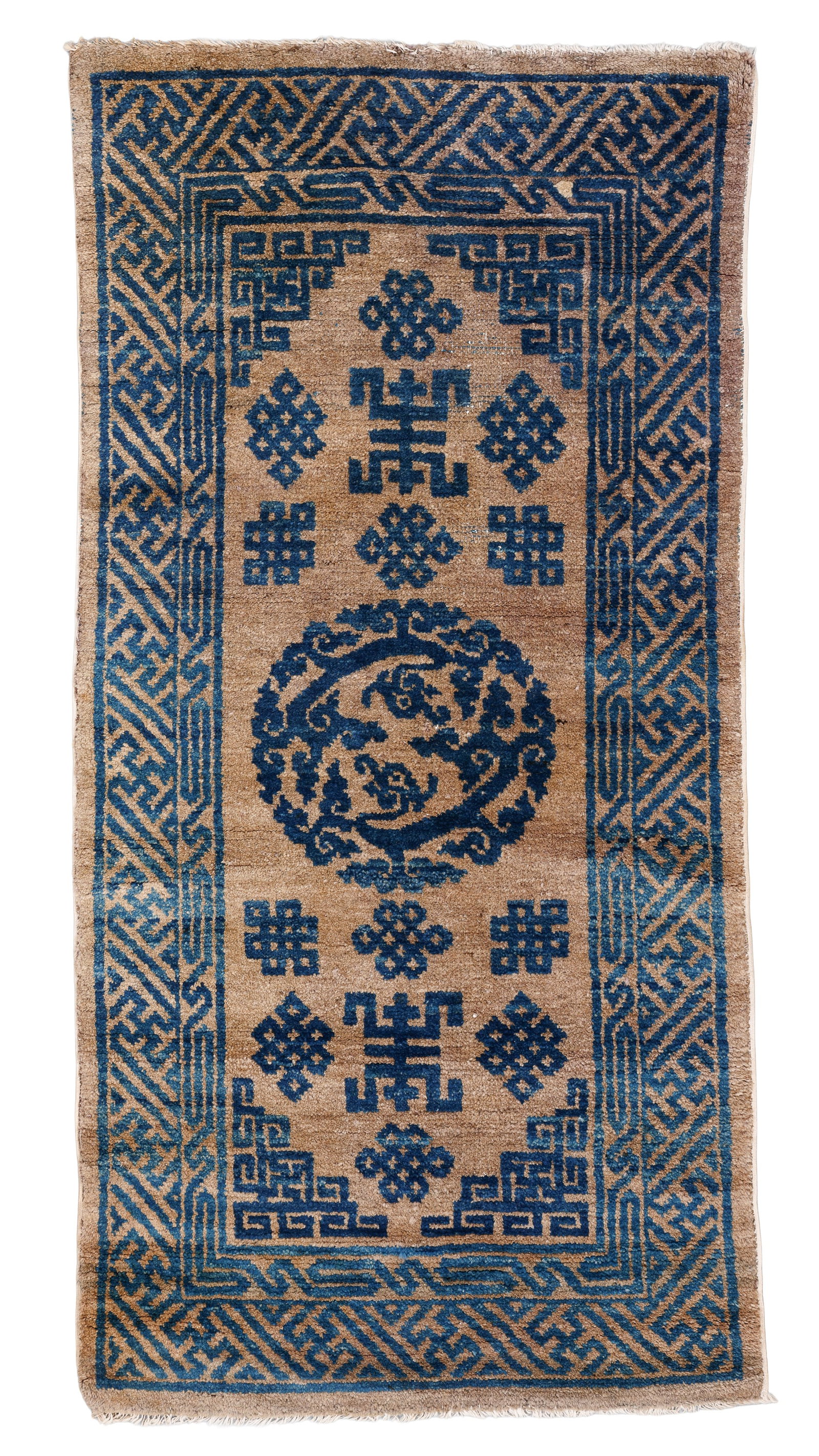 Sino-Tibetan Double Dragon Rug, Late 19th C., 2'0'' x 4'2'': Sino-Tibetan Double Dragon Rug, Late 19th C., 2'0'' x 4'2'' (61 x 127 cm). Weight: 4 lbs. Material: wool pile, cotton warp, cotton weft.